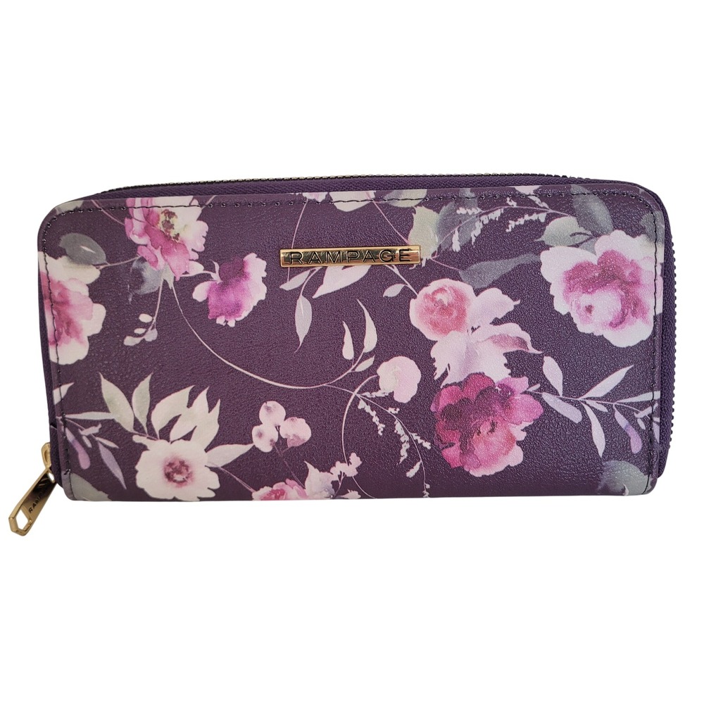 Rampage Purple Floral Zip Around Continental Wallet Faux Leather Gold Hardware